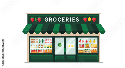 Charming flat vector illustration showcasing a vibrant grocery store facade