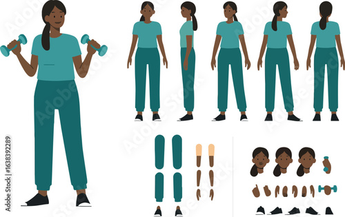 Fitness active girl wearing sport clothes. Character for animation. Front, side and back view set. Body parts, postures, poses collection. Vector illustration