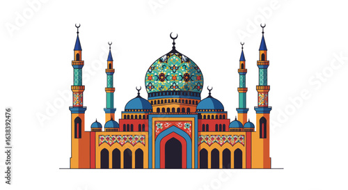 Stylized vibrant mosque illustration with prominent dome and minarets design