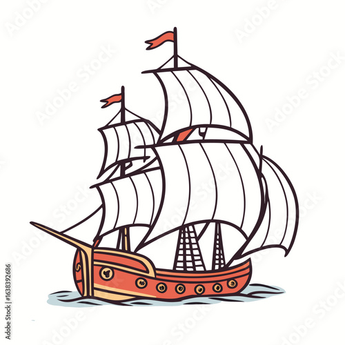 A silhouette vector illustration of an old pirate galleon sailing on the sea