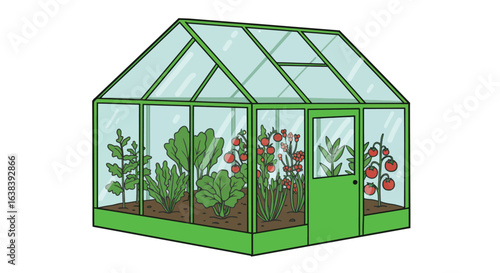 Stylized flat vector illustration of a vibrant greenhouse with glass panels