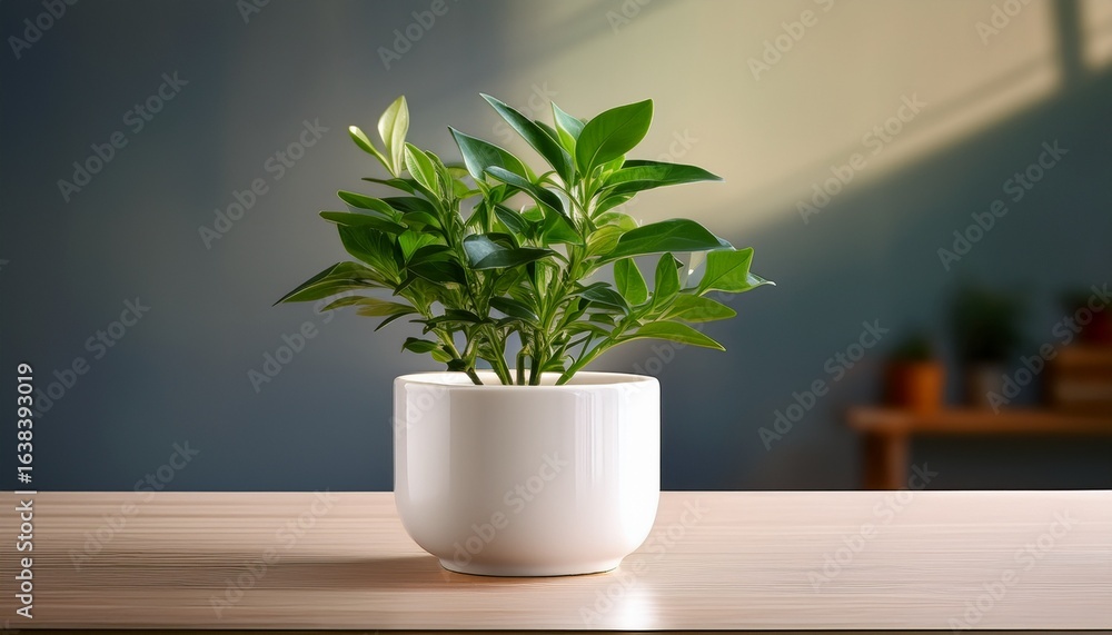 Fototapeta premium a small green plant sits in a white ceramic pot on a table perfect for home decor or office space
