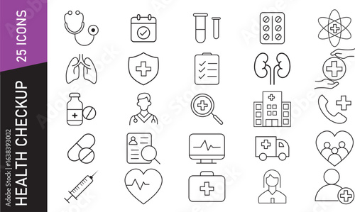 Health Checkup & Medical Examination Icons – 25 Clean Vector Symbols for Hospitals, Clinics, and Wellness Services