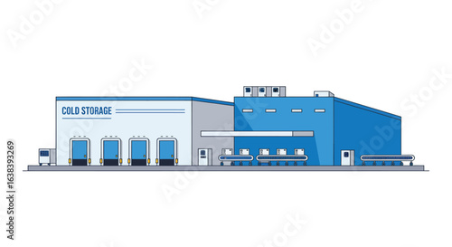 Stylized flat vector illustration of a vibrant cold storage warehouse, isolated