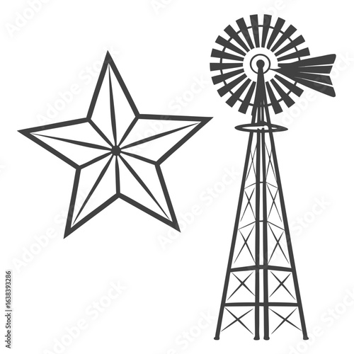 A windmill turbine icon generates power in an old farm field under a cloudy blue sky