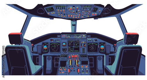 Detailed vector illustration showcasing airplane cockpit interior with control panel
