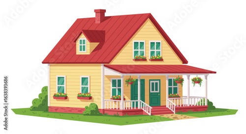Charming cartoon farmhouse with porch and flower boxes, flat vector design