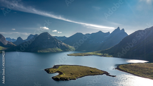 Aerial View Of Coastal Landscape Near Fredvang In Torsfjord On Lofoten Islands In Norway