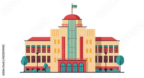 Flat vector illustration of an iconic municipal building under blue skies