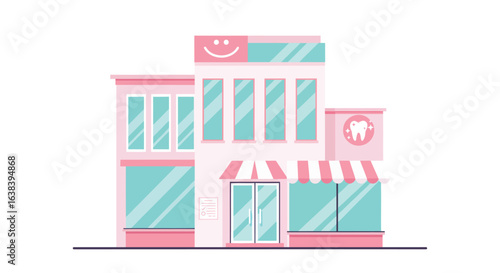 Stylized flat vector illustration of a bright dental clinic building facade