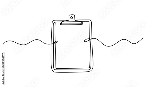 Minimalist single line drawing of a clipboard with wavy lines line art black and white