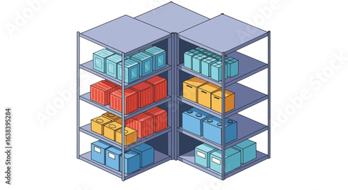 Isometric illustration of a vibrant storage room with neatly arranged metal racks