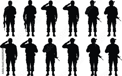 Silhouettes of soldiers saluting and holding rifles, military personnel, combat uniform, army troops, tactical gear, armed soldiers, security forces, soldier salute, vector illustration