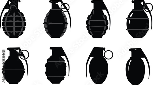 Grenade silhouette set, eight black grenade icons, military weapon shapes, tactical explosive designs, isolated vector, defense equipment illustration, war tools