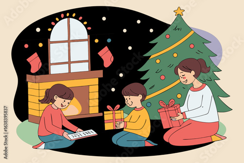 A vibrant vector illustration of a Christmas nativity scene with smiling children and a family celebrating around a festive Christmas tree