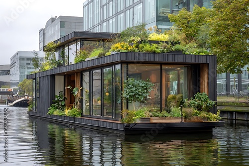 Modern floating home showcases lush green rooftop garden overlooking calm canal waters with contemporary buildings beyond