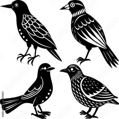 A collection of wild birds, including a crow, raven, and roadrunner, shown as isolated black silhouettes