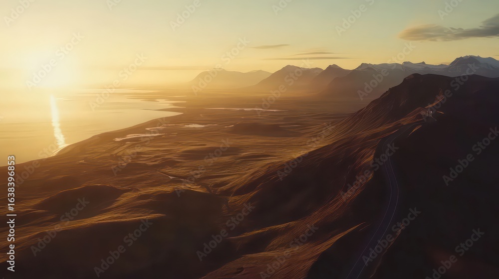 Naklejka premium Icelandic coastal road at sunset with mountains and ocean in golden light