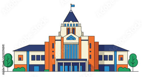 Stylized flat vector illustration of a vibrant city hall building design