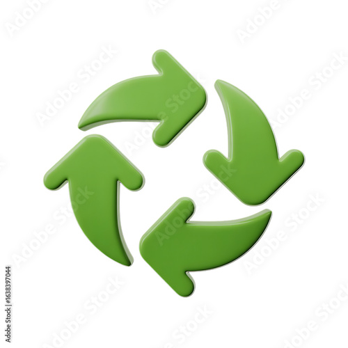 Green 3D recycling symbol on a white background. This glossy, stylized icon represents environmental conservation, sustainability, and the circular economy.
