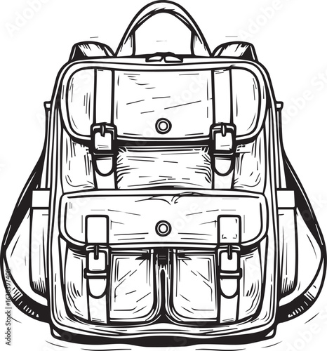 Detailed Backpack Illustration in Black and White Vintage Sketch Style for Travel and Adventure Concept