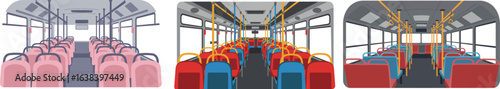 Stylized flat vector illustration of a vibrant bus interior with seats and bars