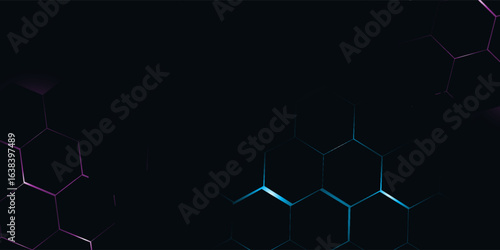 Dark hexagon abstract technology background with blue and pink colored bright flashes under hexagon. illustration vector.