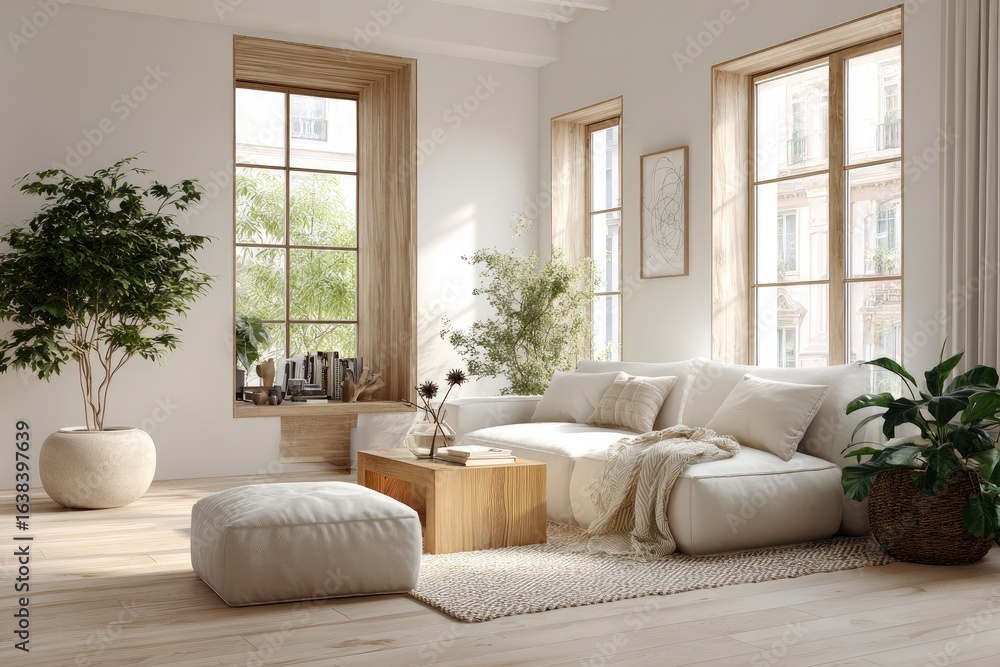 Fototapeta premium Bright living room with sofa plants windows and wooden accents