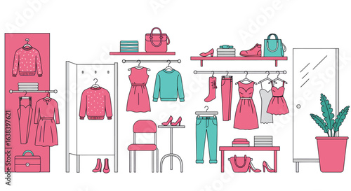 Stylized flat vector illustration showcasing vibrant clothing store dressing room