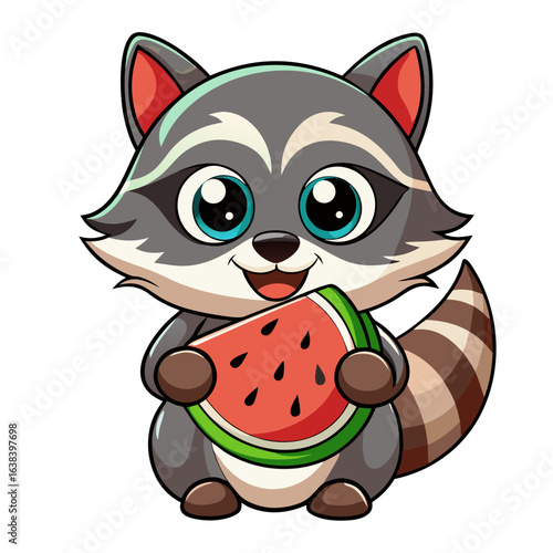 Adorable cartoon raccoon character with big blue eyes happily holding a juicy slice of watermelon on a black background