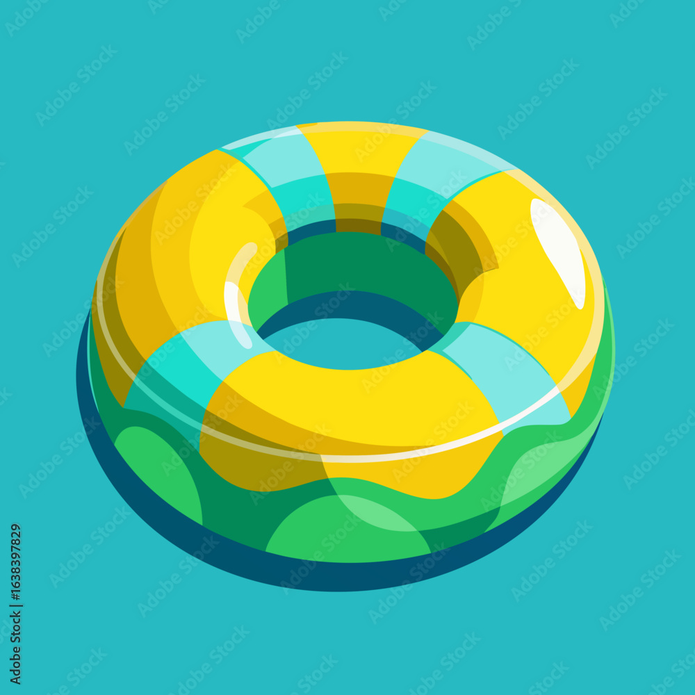 Obraz premium A vibrant yellow and blue striped inflatable swimming ring floats on a bright turquoise blue background