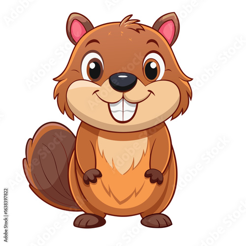 Adorable cartoon beaver with big teeth and bushy tail standing happily against a black background