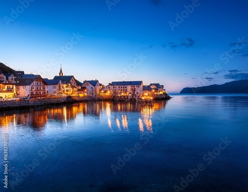 Wallpaper Mural serene coastal town at dusk with calm waters and charming architecture in soft blue light Torontodigital.ca