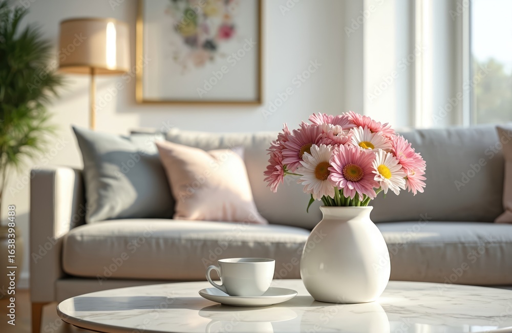 White ceramic vase with pink, white daisies sits on marble coffee table. Cozy living room interior with sofa, pillows, lamp. Bright natural light streams from window, creating relaxed, homely White ceramic vase with pink, white daisies sits on marble coffee table. Cozy living room interior with sofa, pillows, lamp. Bright natural light streams from window, creating relaxed, homely