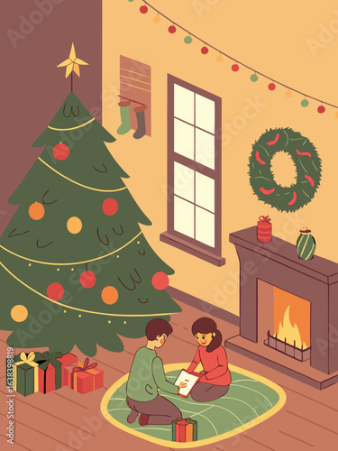 Cartoon winter holiday scene with a decorated Christmas tree and presents