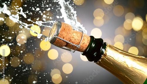 Champagne bottle cork popping, celebratory splash