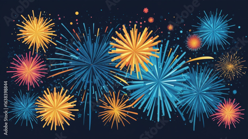 Blue party fireworks explosion sparkle glow modern celebration background design.