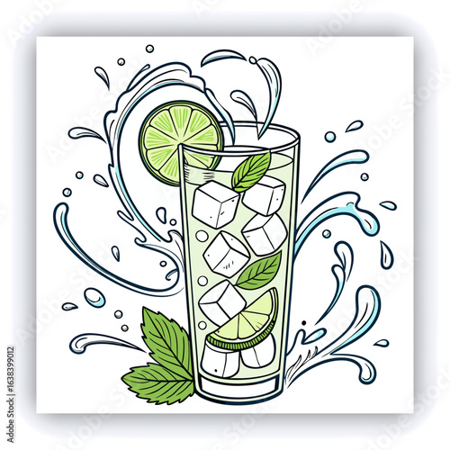 A tall glass of mojito, centered in the image. The glass is filled with ice cubes, lime wedges, and fresh mint leaves. Water splashes and swirling water droplets surround the glass, creating a dynami