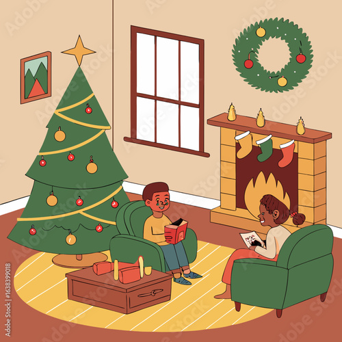 Happy family with two children decorating a christmas tree with ornaments and a star during the winter holiday season