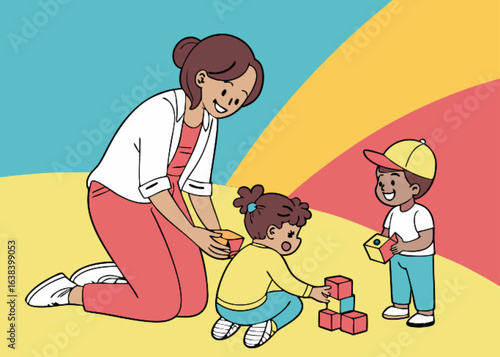 Cartoon illustration of a loving father and son playing together