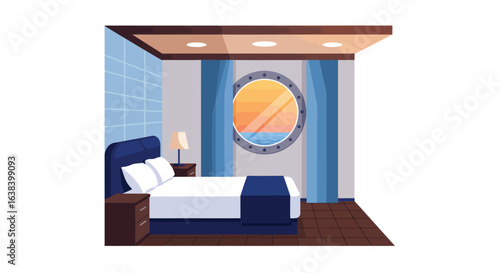 Stylized cruise cabin flat vector illustration with bed and porthole view