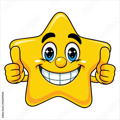 Smiling yellow star cartoon emoji face character giving two thumbs up vector illustration isolated on white background ideal for positive and fun designs