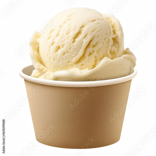 Vanilla ice cream scoops in brown paper cup isolated on transparent background