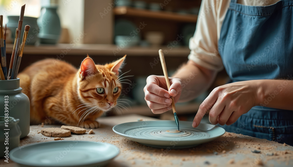 Obraz premium Potter with ginger cat in workshop painting clay plate. Artist uses brush on ceramic piece. Artisan craft creation, peaceful studio setting with tools. Hand-made pottery detail, pet observes crafting.