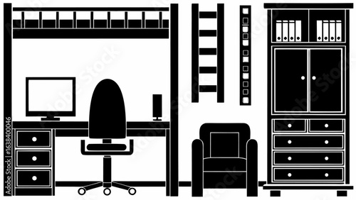 Illustration of a room interior with a loft bed, desk, chair, wardrobe, and armchair in black and white silhouette