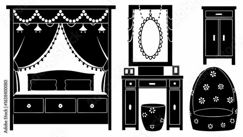 Detailed black and white bedroom interior featuring a bed vanity wardrobe and egg chair design element silhouette