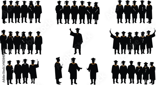 Graduation group vector silhouettes with caps and gowns, celebrating success and diplomas, academic achievement illustrations for education, commencement, ceremony, and student graduation themes