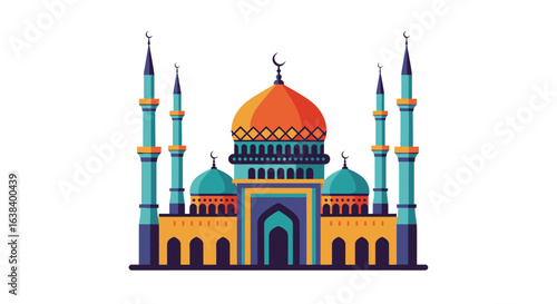 Vibrant Mosque Illustration with Dome and Minarets on a Stark White Canvas
