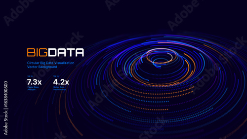 Fintech Big Data Visualization. Abstract Digital Circles of Particles. Futuristic Circular Sound Wave. 3D Virtual Space VR Cyberspace. Crypto Currency Blockchain Concept. Vector Illustration.