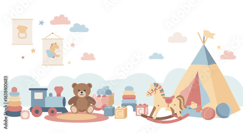 Charming children's playroom illustration with toys and tent on white backdrop